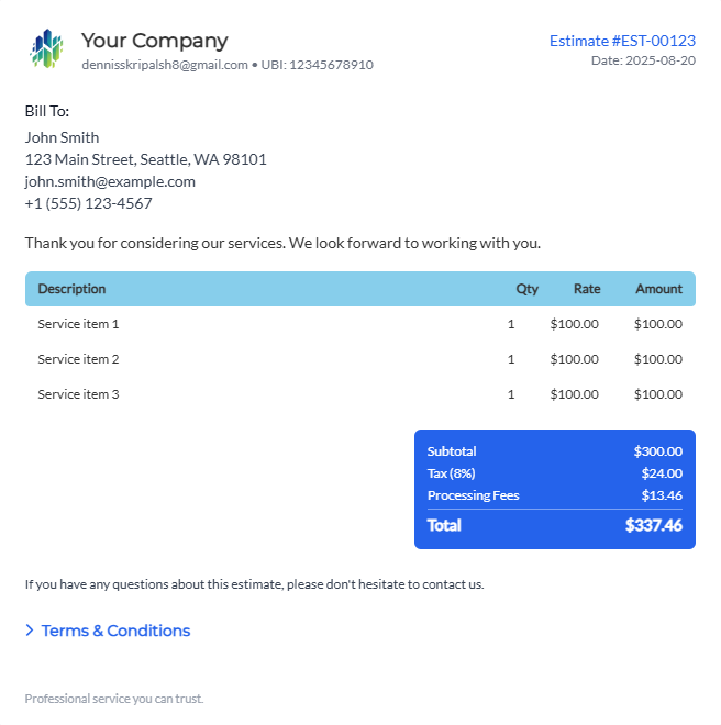 Default Estimate Template - Professional estimate layout with company branding